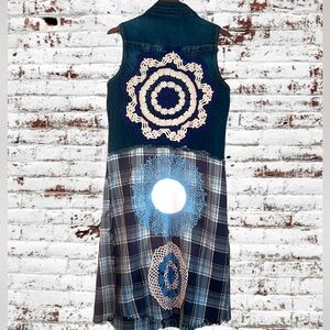 Upcycled denim and plaid doily patched tattered boho duster vest